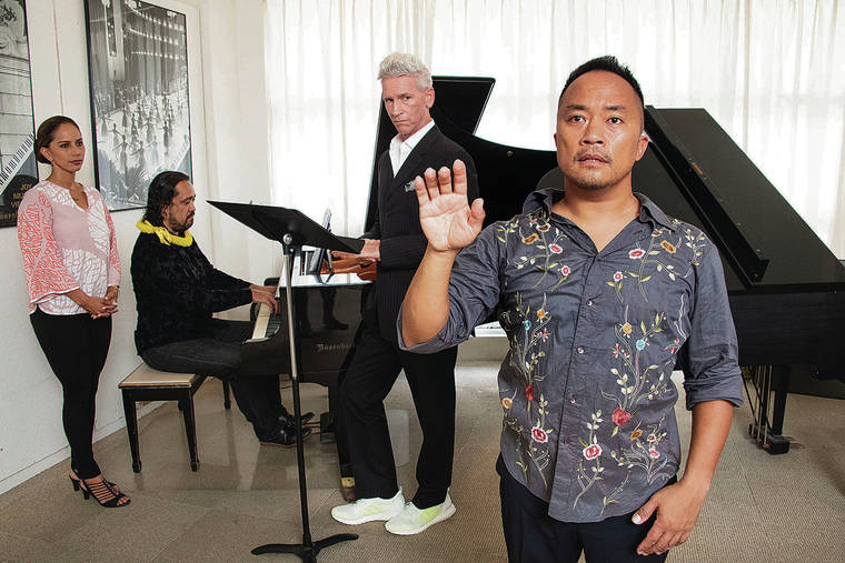 CRAIG T. KOJIMA / CKOJIMA@STARADVERTISER.COM
                                Pomaika‘i Keawe Lyman, left, Maika‘i Nash, Jamie Offenbach and Marcus Quiniones rehearsed for their upcoming show “Dichterliebe - A Descent into Love,” which will be held at Entrepreneurs Sandbox in Kakaako.