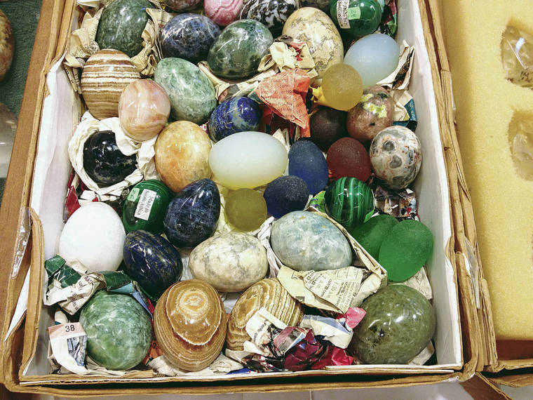 COURTESY MARKUS FAIGLE
                                Eggs and spheres made from a variety of minerals, including onyx and malachite.