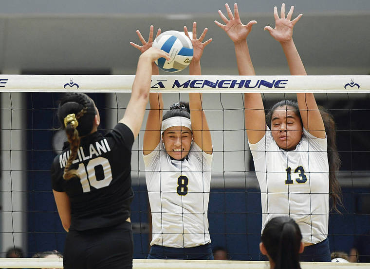 BRUCE ASATO / BASATO@STARADVERTISER.COM
                                Mililani’s Falanika Danielson, left, hit into the block of Punahou’s Halo Elizabeth Yoshiki and Grace Fiaseu during Friday’s Division I semifinal match in the HHSAA girls volleyball tournament at Moanalua.