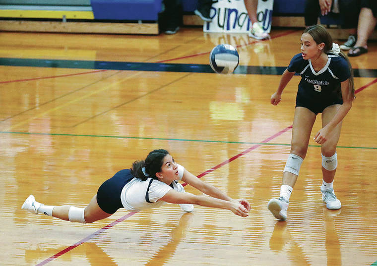 CINDY ELLEN RUSSELL / CRUSSELL@STARADVERTISER.COM
                                Kamehameha’s Tara De Sa dove and put this ball in play as teammate Maui Robins watched during the first set of the ILH Division I championship against Punahou at Hemmeter Fieldhouse on Friday night.
