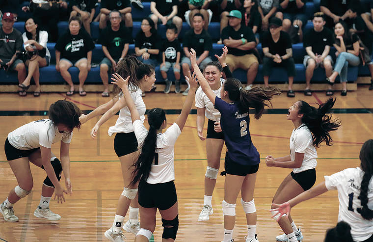 CINDY ELLEN RUSSELL / CRUSSELL@STARADVERTISER.COM 
                                The Damien Monarchs celebrated after defeating the University Jr. Rainbows in four sets at Punahou. It was Damien’s first volleyball title.