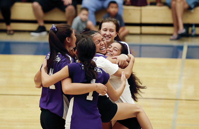CINDY ELLEN RUSSELL / CRUSSELL@STARADVERTISER.COM
                                The Pearl City Chargers celebrate after defeating the Kalani Falcons at the OIA Division II volleyball crown championship on Wednesday. Pearl City swept Kalani 3-0, 25-17, 25-21, 25-2, for the title.