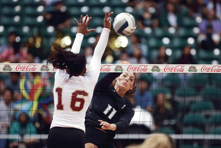 CINDY ELLEN RUSSELL / CRUSSELL@STARADVERTISER.COM
                                Hawaii freshman Tiffany Westerberg hammered a kill past Denver’s Brianna Green during a match on Sept. 8 at the Stan Sheriff Center. Westerberg is averaging 1.53 kills per set while hitting .313 this season.