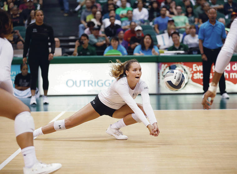 CINDY ELLEN RUSSELL / CRUSSELL@STARADVERTISER.COM
                                Hawaii freshman Riley Wagoner came up with a dig against UC Irvine last week at the Stan Sheriff Center. UC Irvine won in five sets.