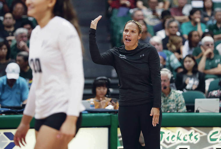 CINDY ELLEN RUSSELL / CRUSSELL@STARADVERTISER.COM
                                Hawaii head coach Robyn Ah Mow gestured during Friday’s loss to UC Irvine.