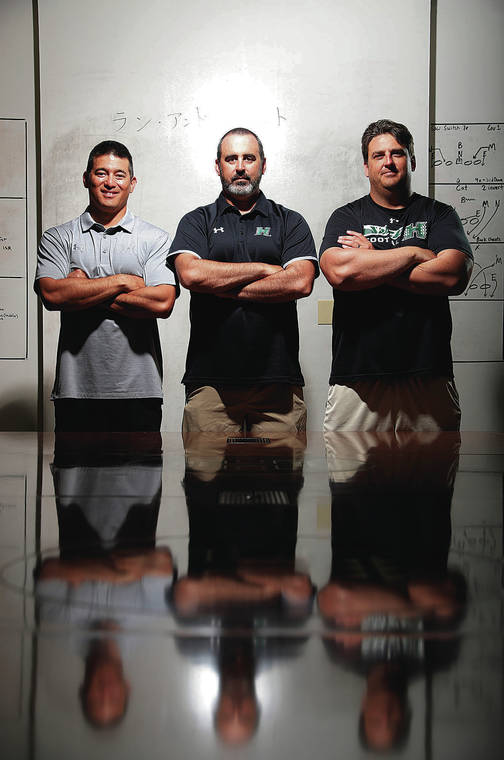JAMM AQUINO / JAQUINO@STARADVERTISER.COM / 2018
                                Hawaii football coaches Craig Stutzmann, left, Nick Rolovich, and Brian Smith pose for a portrait on Monday, August 13, 2018 in Manoa.