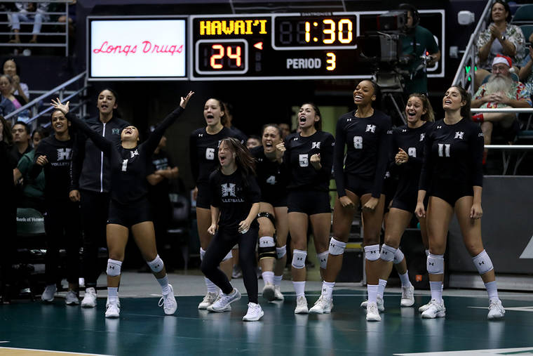 ANDREW LEE / SPECIAL TO THE STAR-ADVERTISER
                                Hawaii’s reserves celebrate after the Rainbow Wahine scored a point during the third set of their match against Cal State Fullerton tonight at the Stan Sheriff Center.