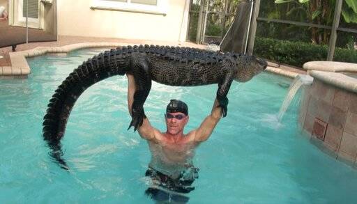 ASSOCIATED PRESS
                                Paul Bedard raises a 9-foot alligator over his head at a home in Parkland, Fla. Bedard, a local trapper, removed the nuisance reptile that had jumped into a customers pool. Bedard stars in the Animal Planet show “Gator Boys.”
