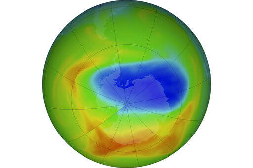 Goddard Space Flight Center/NASA via ASSOCIATED PRESS
                                A map of a hole in the ozone layer over Antarctica on Sunday. The purple and blue colors indicate the least amount of ozone, and the yellows and reds show the most.
