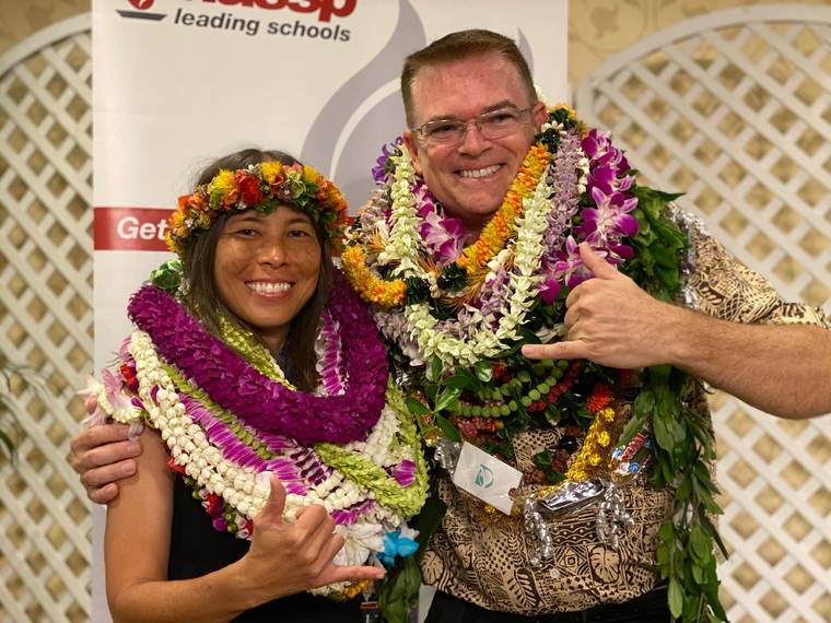 COURTESY HAWAII DEPARTMENT OF EDUCATION.
                                Vice Principal Meryl Matsumura of Waipahu High and Mililani High School’s Principal Fred Murphy were honored at a luncheon Sunday marking National Principals Month at the Hale Koa Hotel. They were chosen as the principal and vice principal of the year for 2019 by the Hawaii Association of Secondary School Administrators.