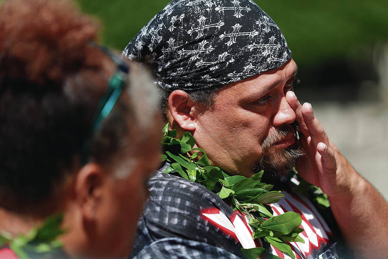 JAMM AQUINO / JAQUINO@STARADVERTISER.COM
                                Pu‘uhonua o Waianae’s board president, James Pakele, became emotional during the announcement of the purchase of a 20-acre parcel of land.