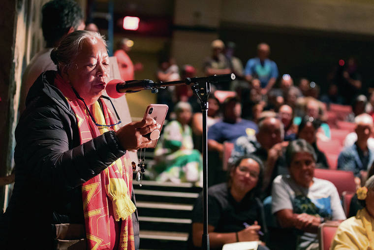MARK WINEMAN / SPECIAL TO THE STAR-ADVERTISER
                                The UH Board of Regents held its November meeting Wednesday in Hilo. Among the protesters against the Thirty Meter Telescope being built on Mauna Kea was Noe Noe Wong-Wilson, who addressed the board.