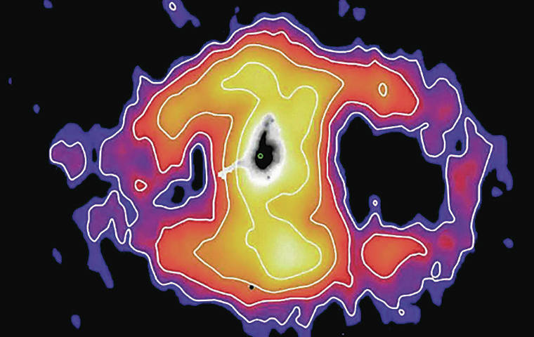 COURTESY IMAGE BY GENE LEUNG, UC SAN DIEGO
                                This image shows emissions from the distant galaxy Makani. The cloud extends about 326,000 light-years. The colors and white contour lines show the amount of light emitted by the ionized gas from different parts of the oxygen nebula, from brightest (white) to faintest (purple). The middle part of the image (black) shows the full extent of the galaxy, though most of the mass is concentrated in the tiny green dot in the center.