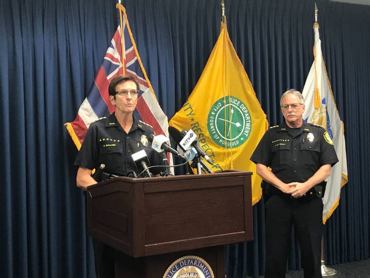 DIANE S. W. LEE / DLEE@STARADVERTISER.COM
                                Honolulu Police Chief Susan Ballard held a press conference today about Tuesday night’s officer-involved shooting at a Kapolei gas station. Deputy Chief John McCarthy stands next to Ballard.