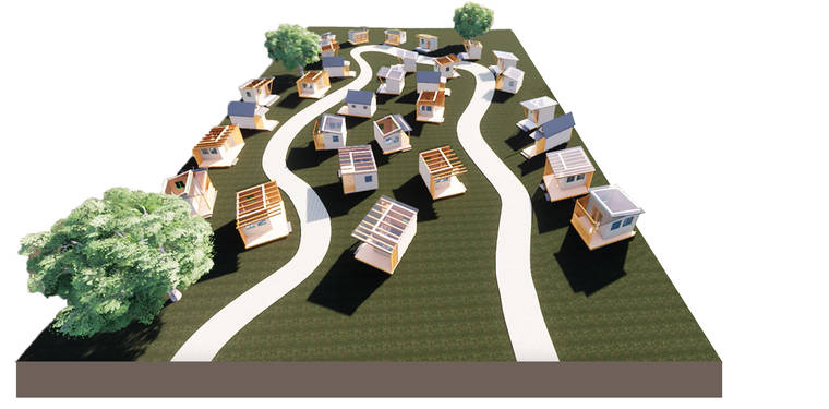 RENDERING COURTESY JOSH GREEN
                                A rendering of the kauhale homes in Kalaeloa show how the two acres of Hawaii Housing Authority land will be used for military veterans who are homeless.