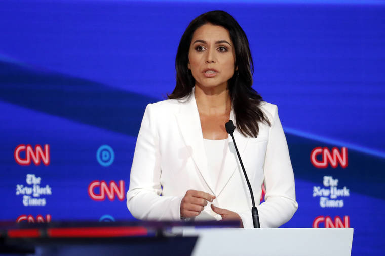 ASSOCIATED PRESS / JULY 31
                                Rep. Tulsi Gabbard, D-Hawaii, participates in a Democratic presidential primary debates hosted by by CNN/New York Times at Otterbein University on Oct. 15 in Westerville, Ohio.