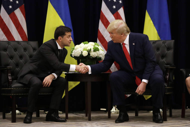 ASSOCIATED PRESS
                                President Donald Trump met with Ukrainian President Volodymyr Zelenskiy, Sept. 25, at the InterContinental Barclay New York hotel during the United Nations General Assembly in New York. The lead lawyer for the National Security Council defied a subpoena today to appear before House impeachment investigators, as did other White House witnesses, following President Donald Trump’s orders not to cooperate with the probe.
