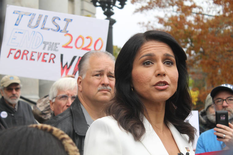 ASSOCIATED PRESS
                                U.S. Rep. Tulsi Gabbard, of Hawaii, spoke to reporters outside the New Hampshire Statehouse, in Concord, N.H., today. Gabbard signed up to get on the Democratic ballot for New Hampshire’s first-in-the-nation presidential primary, which hasn’t been scheduled yet but is expected to be held on Feb. 11.