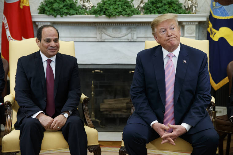 ASSOCIATED PRESS
                                President Donald Trump meets with Egyptian President Abdel Fattah el-Sisi in the Oval Office of the White House in Washington in April. El-Sissi thanked Trump late Monday for his “generous concern” for helping revive Egypt’s deadlocked dispute with Ethiopia over its construction of a massive upstream Nile dam.