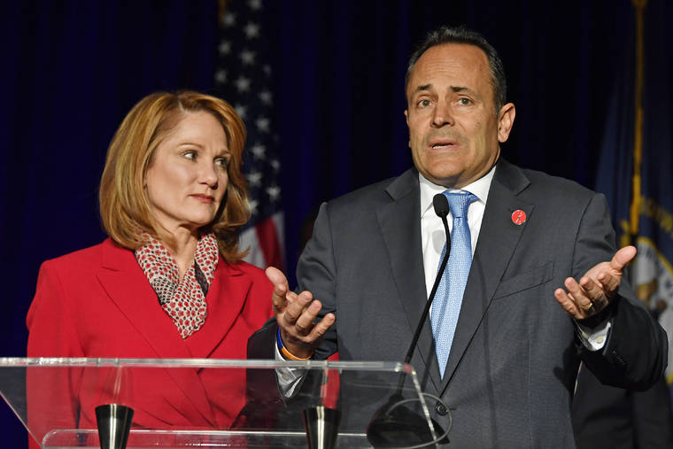 ASSOCIATED PRESS
                                Kentucky Gov. Matt Bevin, right, with his wife Glenna, spoke to supporters gathered at the republican party celebration event in Louisville, Ky., Tuesday.