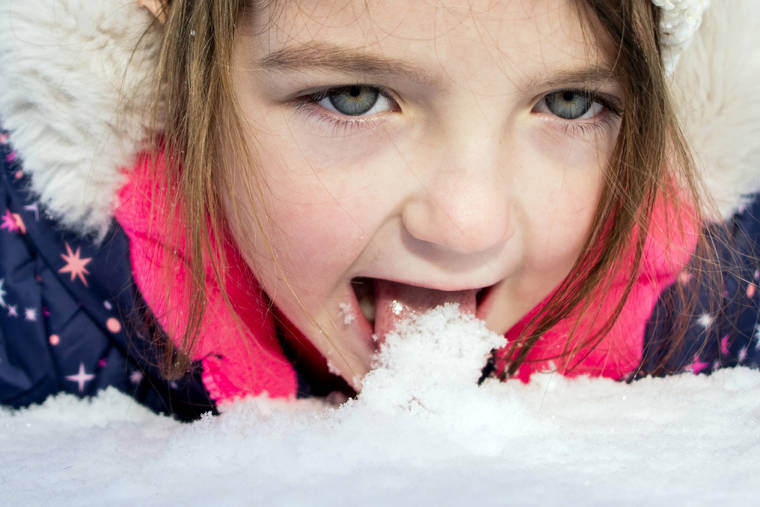 JAKE MAY/THE FLINT JOURNAL VIA ASSOCIATED PRESS
                                Emma Hart, 5 of Clio, stopped to lick up fresh snow as she rolled around while sledding with her father Ryan Hart on the hill behind Southwestern Classical Academy, today, in Flint, Mich.