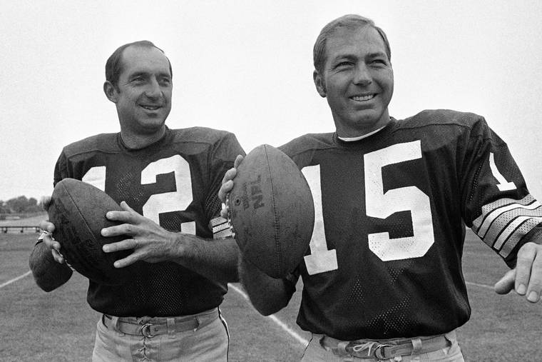 ASSOCIATED PRESS
                                Green Bay Packers football quarterbacks Zeke Bratkowski (12) and Bart Starr (15) are shown at training camp in Green Bay, Wisc., in 1972. The Green Bay Packers say Zeke Bratkowski, the quarterback who backed up Bart Starr during the team’s 1960s dynasty, died Monday at his Florida home at age 88.