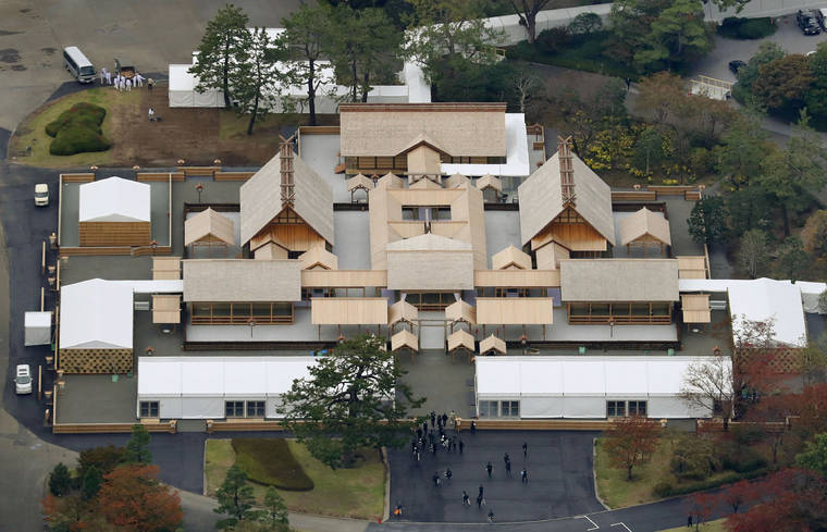 KYODO NEWS VIA ASSOCIATED PRESS
                                This aerial view shows the ritual venue called Daijokyu at the Imperial Palace in Tokyo, today. Japan’s Emperor Naruhito will perform his first harvest ritual since ascending to the Chrysanthemum Throne on Thursday.