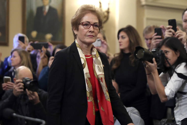 ASSOCIATED PRESS
                                Former U.S. Ambassador to Ukraine Marie Yovanovitch arrived to testify to the House Intelligence Committee on Capitol Hill in Washington, today, during the second public impeachment hearing of President Donald Trump’s efforts to tie U.S. aid for Ukraine to investigations of his political opponents.