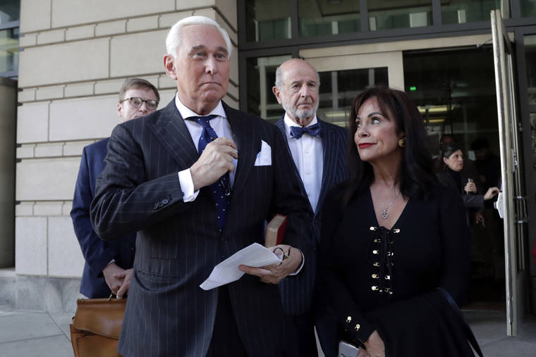 ASSOCIATED PRESS
                                Roger Stone, left, with his wife Nydia Stone, left federal court in Washington, today. Stone, a longtime friend of President Donald Trump, was found guilty at his trial in federal court in Washington.