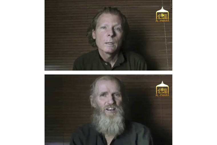 EL-EMARA TALIBAN VIA AP
                                These combination images taken from video released June 21, 2017, by the Taliban spokesman Zabihullah Mujahid, shows kidnapped teachers Australian Timothy Weekes, top, and American Kevin King, who were both abducted by the insurgents in Afghanistan in August 2016.