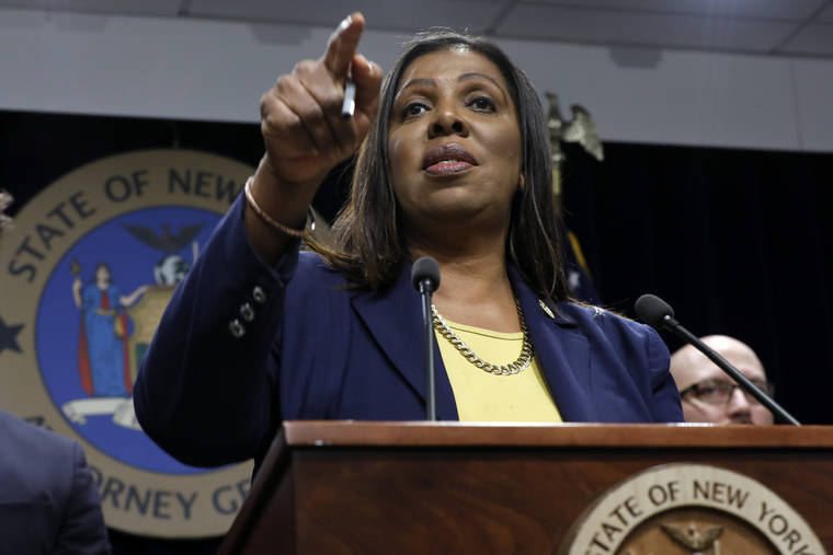 ASSOCIATED PRESS
                                New York State Attorney General Letitia James speaks during a news conference at her office in New York today. New York has joined the ranks of states suing the nation’s biggest e-cigarette maker, San Francisco based JUUL Labs.