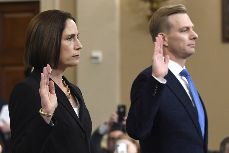 ASSOCIATED PRESS
                                Former White House national security aide Fiona Hill, and David Holmes, a U.S. diplomat in Ukraine, were sworn in to testify before the House Intelligence Committee on Capitol Hill in Washington, today, during a public impeachment hearing of President Donald Trump’s efforts to tie U.S. aid for Ukraine to investigations of his political opponents.