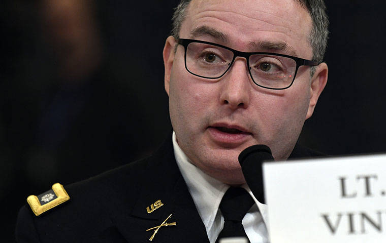 ASSOCIATED PRESS
                                National Security Council aide Lt. Col. Alexander Vindman testified before the House Intelligence Committee on Capitol Hill in Washington, today, during a public impeachment hearing of President Donald Trump’s efforts to tie U.S. aid for Ukraine to investigations of his political opponents.