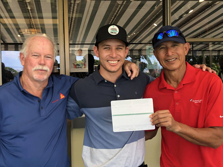 PHOTO COURTESY ALEX CHING
                                Alex Ching, top middle, shot a 59 at Oahu Country Club on Saturday. David Dunham, left, and Steve Ching, Alex’s father, witnessed the course-record round.