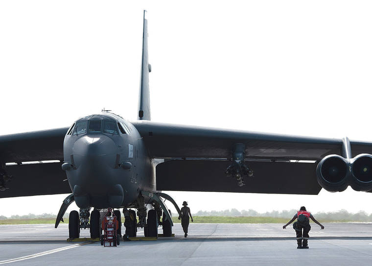 COURTESY U.S.
                  AIR FORCE A B-52 Stratofortress that participated in
                  the Hawaii exercise on Nov. 19 is parked at Andersen
                  Air Force Base on Guam.