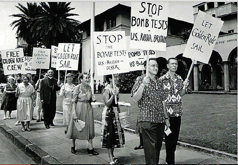 COURTESY GOLDEN RULE
                                A protest was held outside the federal court building in Honolulu — now the downtown post office — after the crew of the Golden Rule was jailed in 1958.