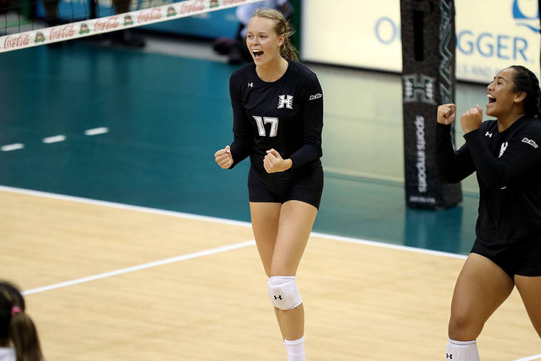 ANDREW LEE / SPECIAL TO THE HONOLULU STAR-ADVERTISER
                                Hawaii’s Hanna Hellvig (17) celebrates after scoring a point during an August 31, 2019 match in Honolulu. Hellvig was named the Freshman of the Week in Big West volleyball today.