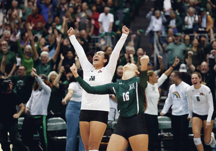 CINDY ELLEN RUSSELL / CRUSSELL@STARADVERTISER.COM
                                Hawaii’s Norene Iosia, left, and Rika Okino celebrated after Iosia ended the fifth set with a service ace against UC Santa Barbara on Friday at the Stan Sheriff Center. Iosia finished with four aces in the Rainbow Wahine victory.