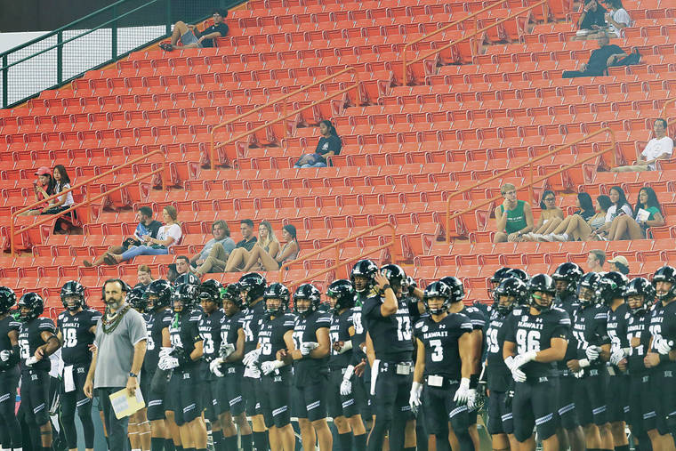 JAMM AQUINO / JAQUINO@STARADVERTISER.COM
                                Many seats were empty in the student section at Aloha Stadium during the Warriors’ game against San Jose State on Saturday.