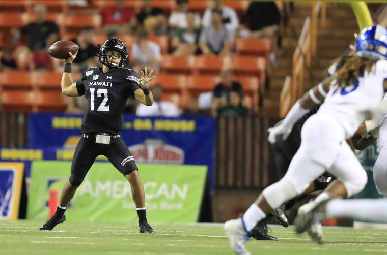 JAMM AQUINO / JAQUINO@STARADVERTISER.COM
                                Hawaii quarterback Chevan Cordeiro fired a pass against San Jose State during the first half of Saturday’s game at Aloha Stadium. Cordeiro passed for 309 yards and three touchdowns and ran for two scores in the Rainbow Warriors’ win over the Spartans.