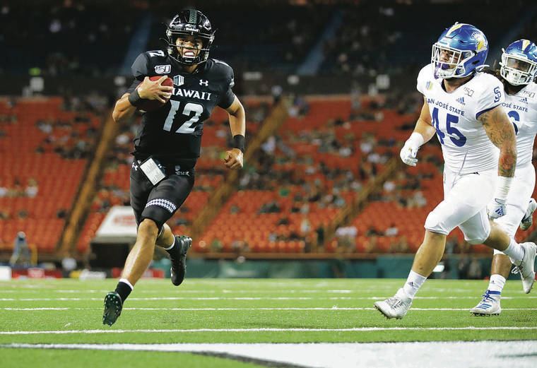JAMM AQUINO / JAQUINO@STARADVERTISER.COM 
                                UH quarterback Chevan Cordeiro sprinted past San Jose State linebacker Kyle Harmon for a touchdown during the second half on Saturday. Cordeiro passed for three scores and ran for two in the win.