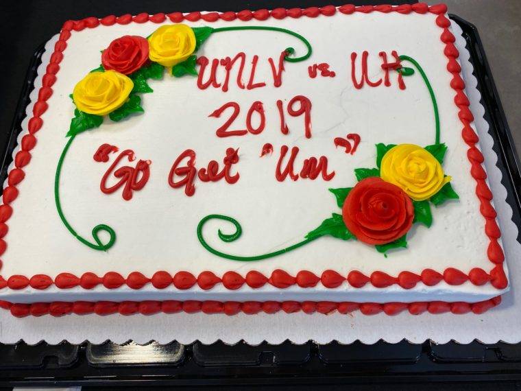 STEPHEN TSAI / STSAI@STARADVERTISER.COM
                                The cake in the press box at the Hawaii vs. UNLV game today.