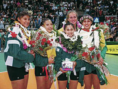 STAR-ADVERTISER / 1996
                                The Rainbow Wahine, from left, Chastity Nobriga, Robyn Ah Mow, Nalani Yamashita, Angelica Ljungqvist and Joselyn Robins celebrated their senior night in 1996, the early years of a remarkable UH run.