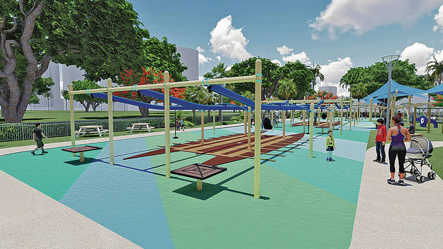 RENDERING COURTESY DESIGN PARTNERS INC.
                                A volunteer group has obtained city approval to build a one-acre public playground at Ala Moana Regional Park. Mayor Kirk Caldwell defended advocates of the playground today.