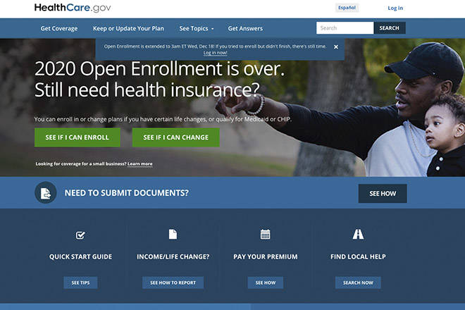 ASSOCIATED PRESS
                                This screen grab from the website HealthCare.gov shows the extended deadline for signing up for health care coverage for 2020. The Trump administration says people will get more time to sign up for “Obamacare” health insurance following a spate of computer glitches over the weekend. The new HealthCare.gov deadline is 10 p.m. Tuesday in Hawaii.