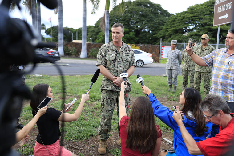 ASSOCIATED PRESS
                                U.S. Navy Rear Adm. Robb Chadwick spoke to the media, Wednesday, at the main gate at Joint Base Pearl Harbor-Hickam, in Hawaii, following a shooting. A U.S. submarine sailor who shot three civilian employees at a Pearl Harbor Naval Shipyard has been identified as Gabriel Romero, according to the Associated Press and other sources.