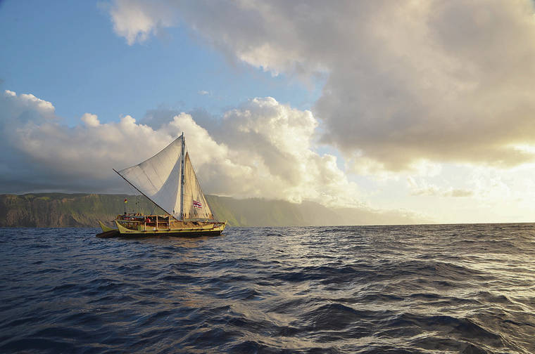 COURTESY ATSUSHI SAWADA Makali‘i sails past Molokai on the way to Mokumanamana (Necker Island).