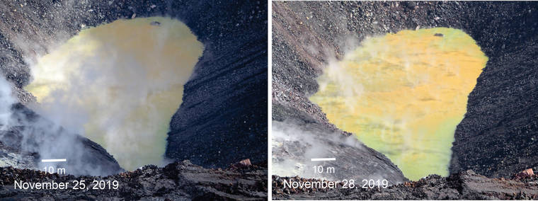 COURTESY U.S. GEOLOGICAL SURVEY
                                Measured from a vertical distance of about 1978 feet — from water surface to the top of the tripod on the crater rim—the dimensions of the crater lake in Halemaumau were around 233 to 236 feet north-south and 515 to 518 feet east-west on Nov. 28. The ongoing rise in water level is noticeable when the two photos, taken three days apart, are compared.
