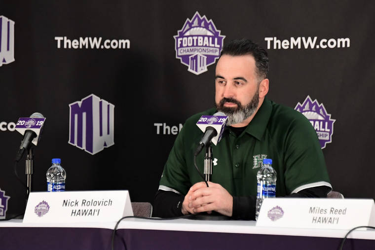 STEVEN ERLER / SPECIAL TO THE HONOLULU STAR-ADVERTISER
                                Hawaii head coach Nick Rolovich at a press conference on Dec. 7, 2019 in Boise, Idaho. Rolovich will be named Washington State’s head coach, according to multiple reports.