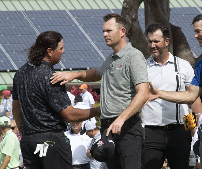 CRAIG T. KOJIMA / CKOJIMA@STARADVERTISER.COM
                                Brendan Steele, center, ended his second round at the 2020 Sony Open at Waialae Country Club with a share of the lead. Steele is seen here with playing partners, Pat Perez, left, and Scott Piercy after their second round today.